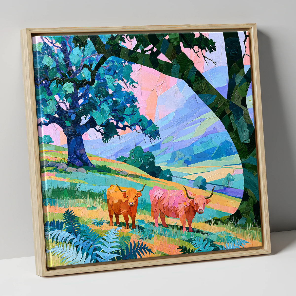 Vibrant Highland Cattle Beneath Fells lake district wildlife canvas wall art in natural frame