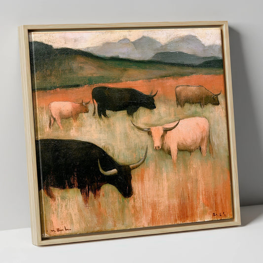Highland Cattle on Warm Fells lake district wildlife canvas wall art in natural frame