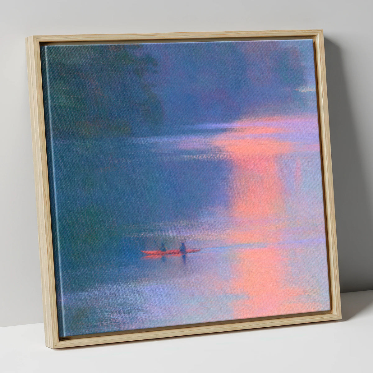 Lake Kayaking in Pink Evening Light lake district walking canvas wall art in natural frame