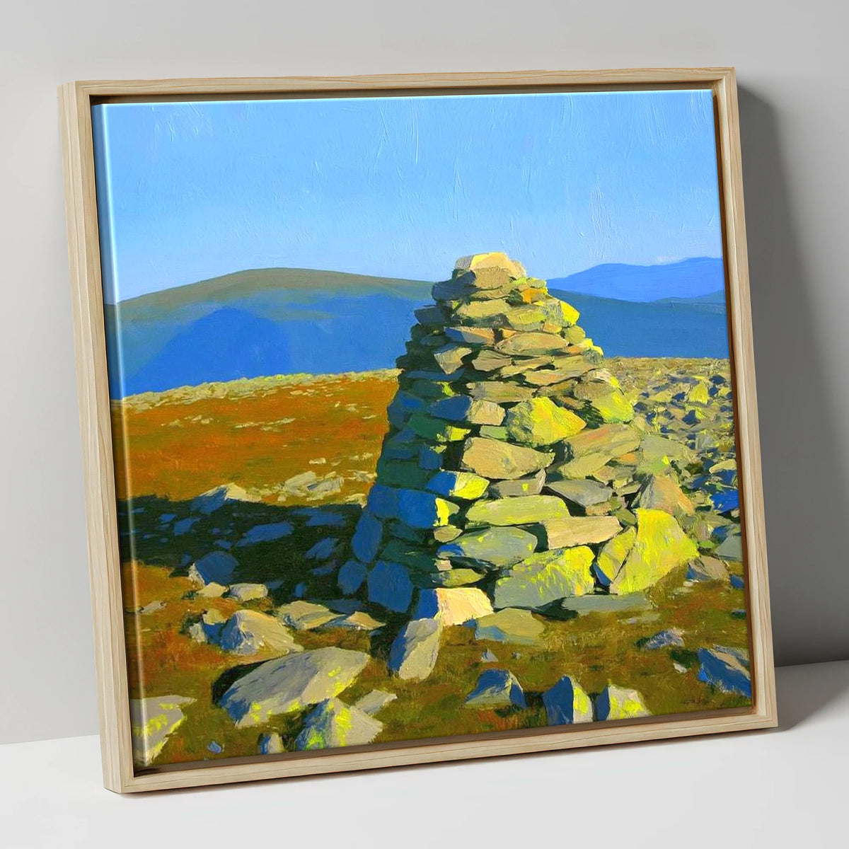 Sunlit Cairn on Brim Fell lake district fell canvas wall art in natural frame