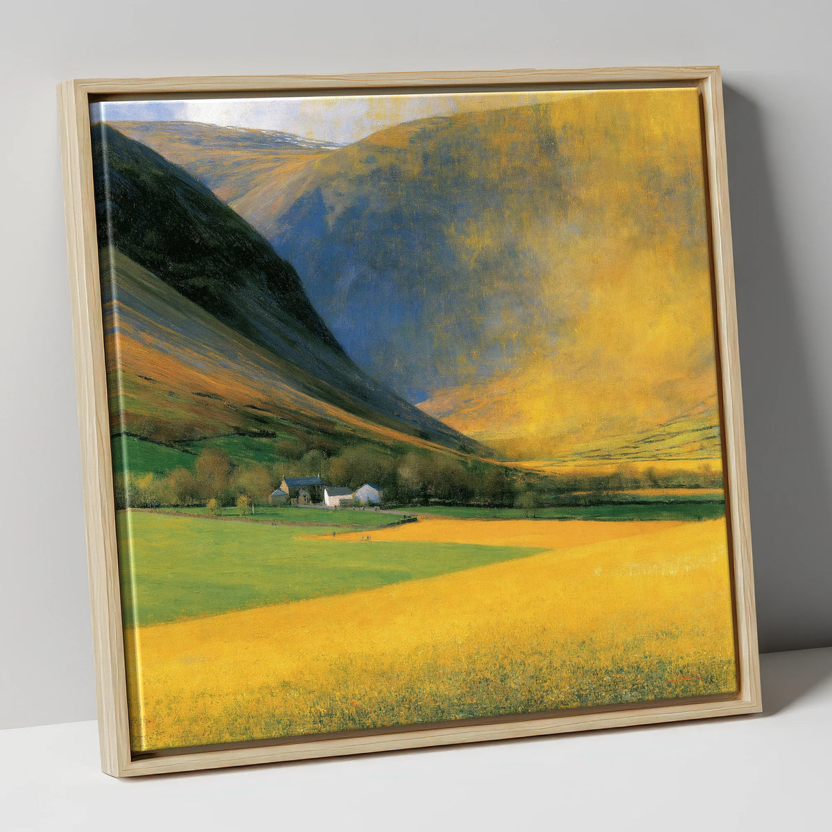 Golden Light Over Valley Fields lake district valley canvas wall art in natural frame