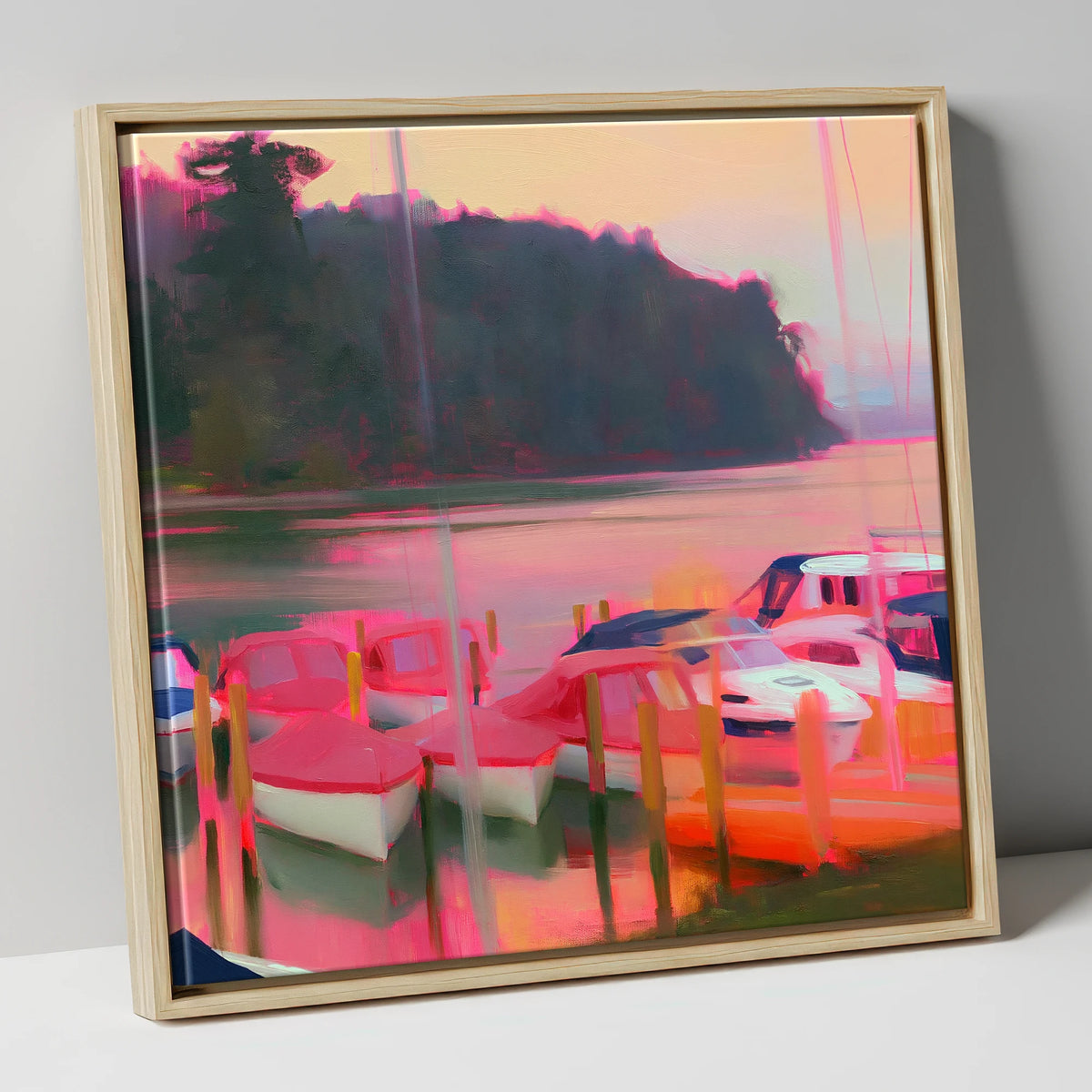 Neon Sunset Over Windermere Boats lake district lake canvas wall art in natural frame