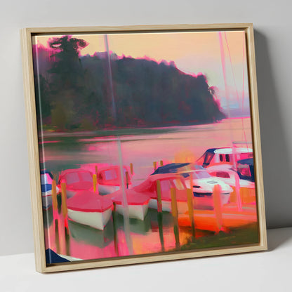 Neon Sunset Over Windermere Boats lake district lake canvas wall art in natural frame