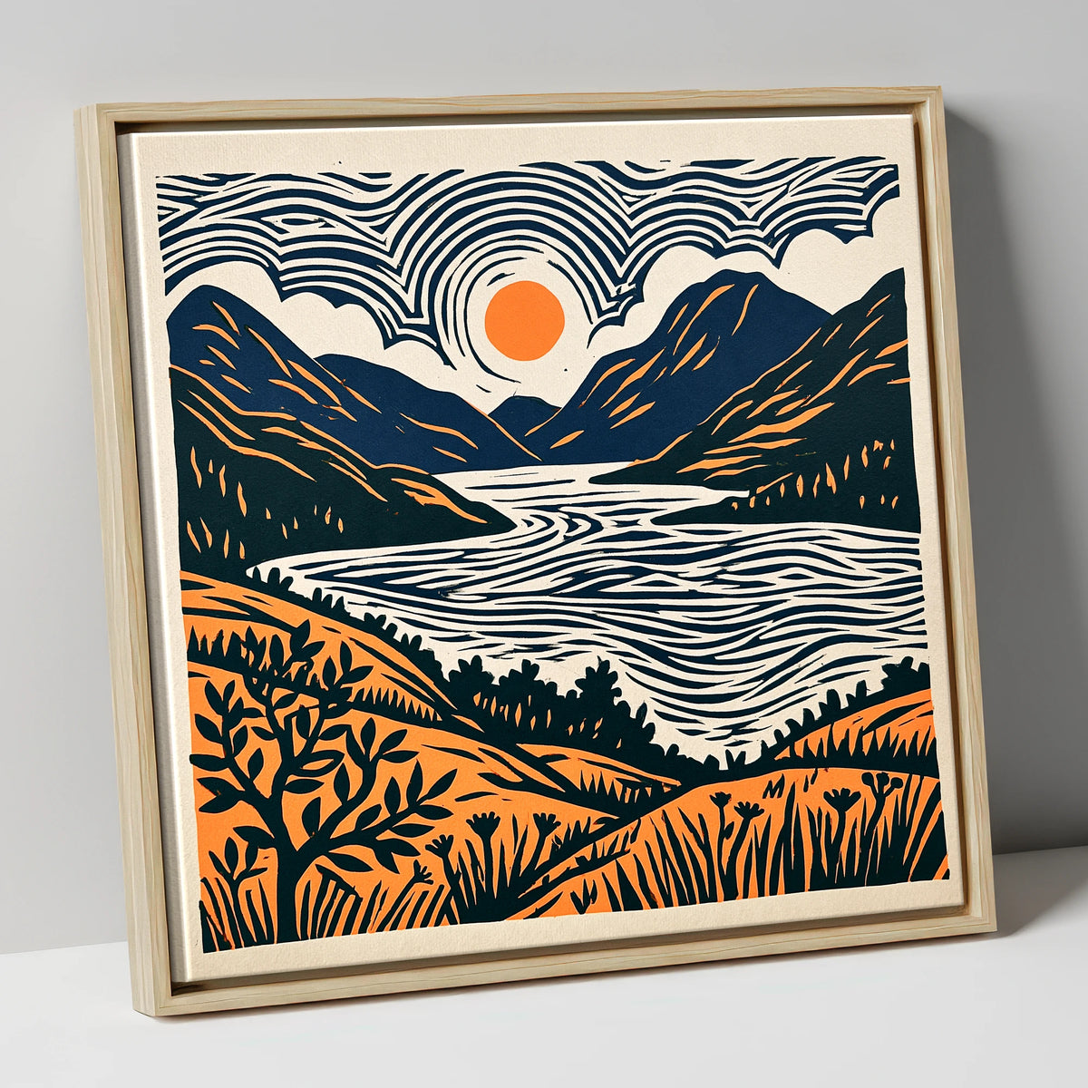Orange Sun Over Ennerdale Water lake district valley canvas wall art in natural frame