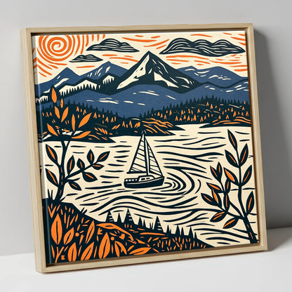 Navy and Orange Windermere Sailboat lake district lake canvas wall art in natural frame