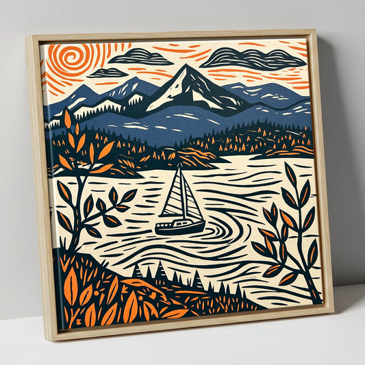 Navy and Orange Windermere Sailboat lake district lake canvas wall art in natural frame