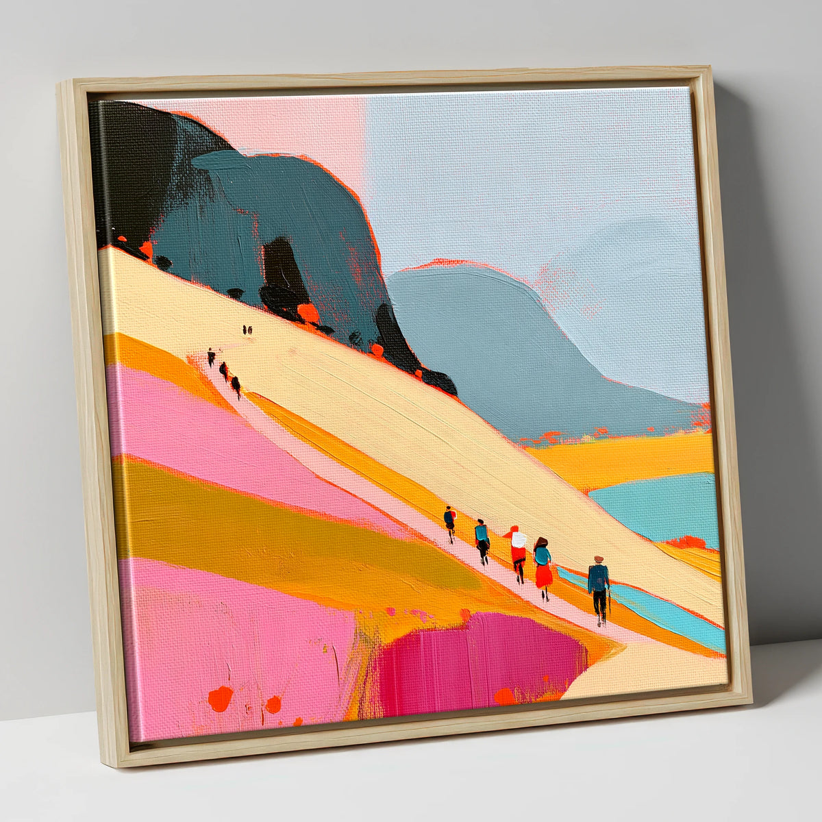 Vibrant Mountain Path Walkers lake district walking canvas wall art in natural frame