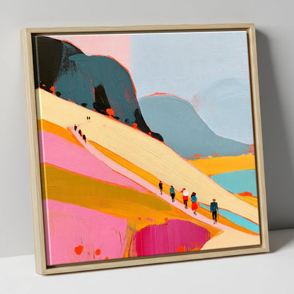 Vibrant Mountain Path Walkers lake district walking canvas wall art in natural frame