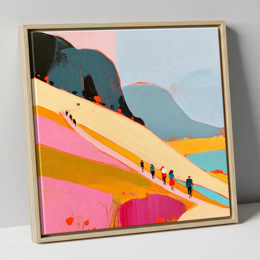 Vibrant Mountain Path Walkers lake district walking canvas wall art in natural frame