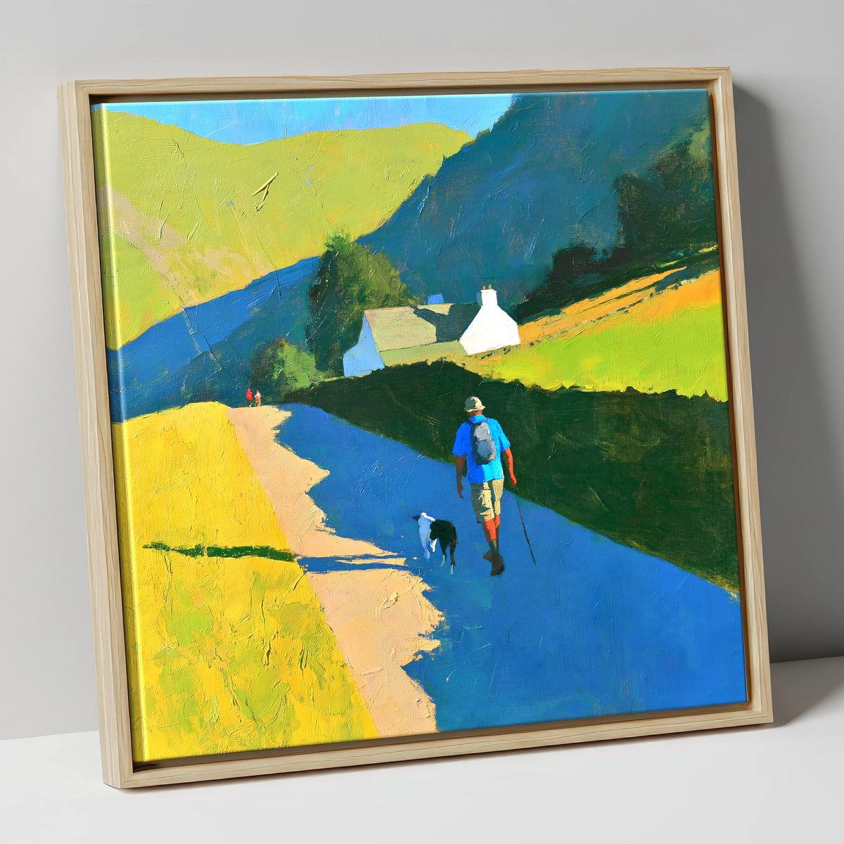 Sunlit Walker and Dog Near Patterdale gifts for dog walkers canvas wall art in natural frame