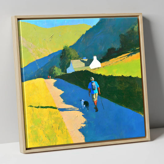 Sunlit Walker and Dog Near Patterdale gifts for dog walkers canvas wall art in natural frame
