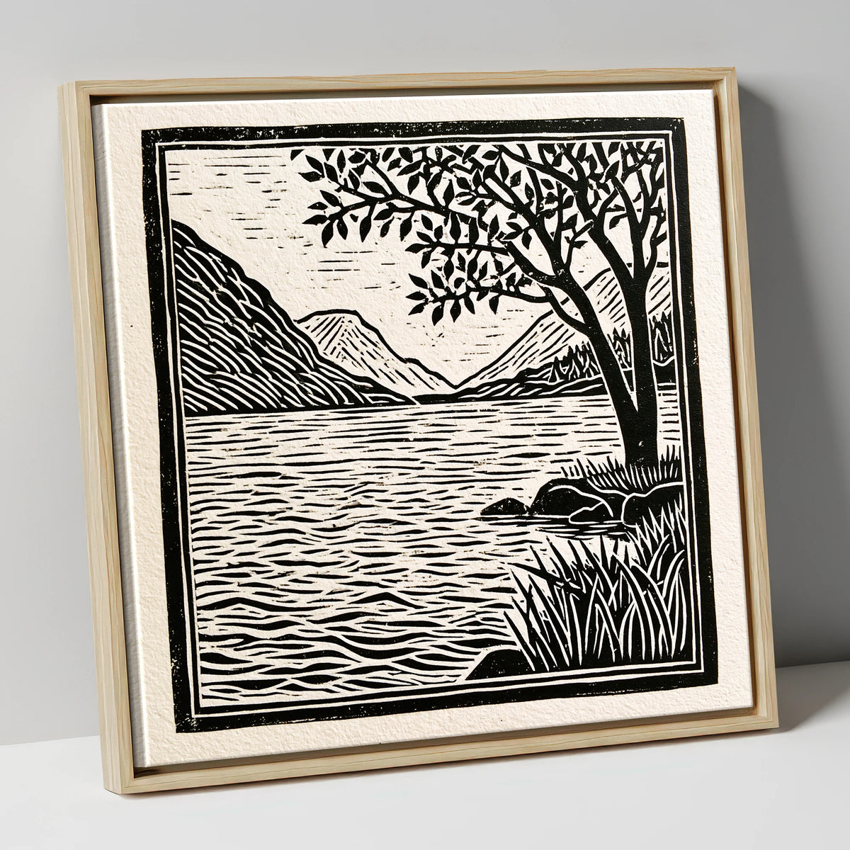 Graphic Lake Fells at Dawn lake district lake canvas wall art in natural frame