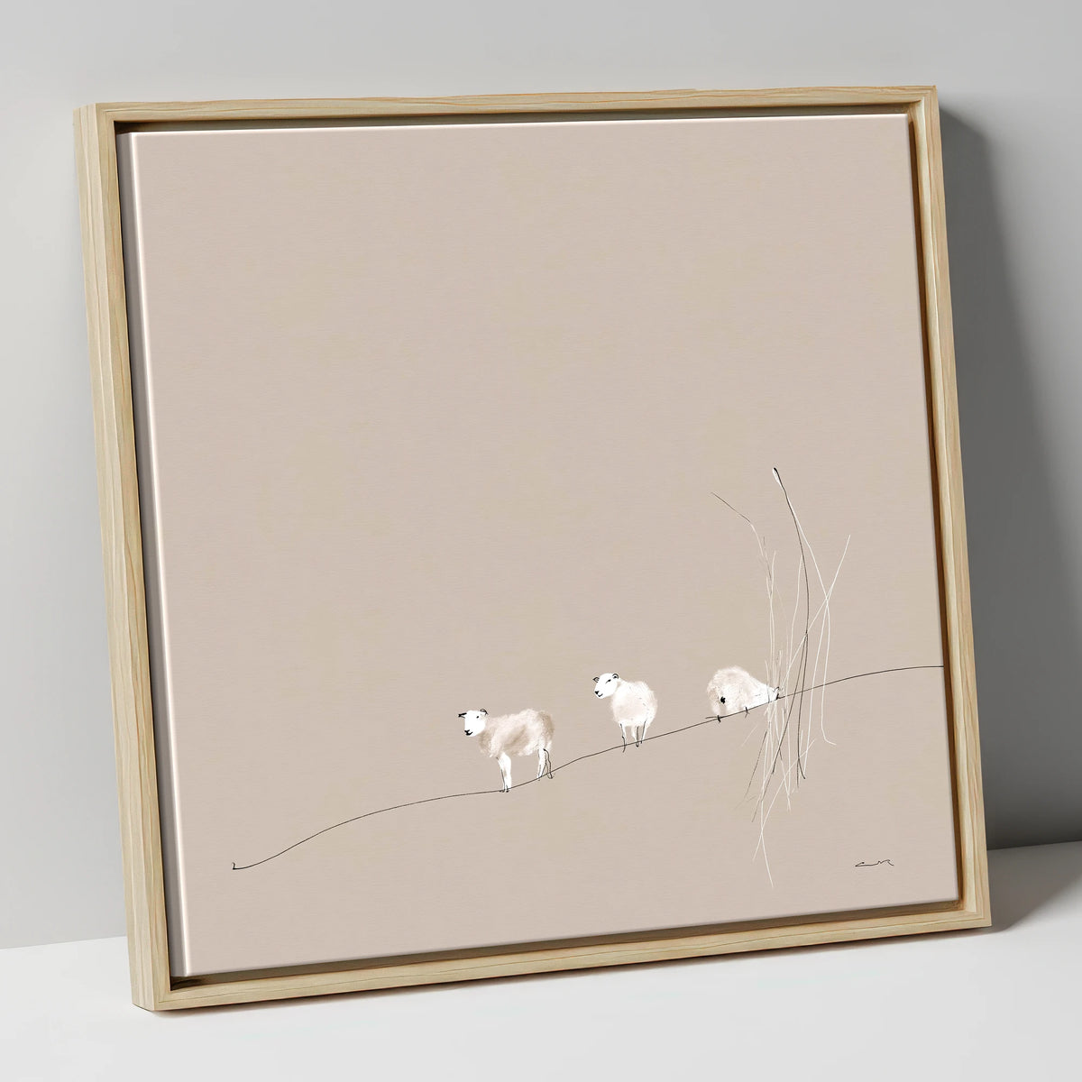 Minimalist Herdwicks on a Fellside lake district wildlife canvas wall art in natural frame