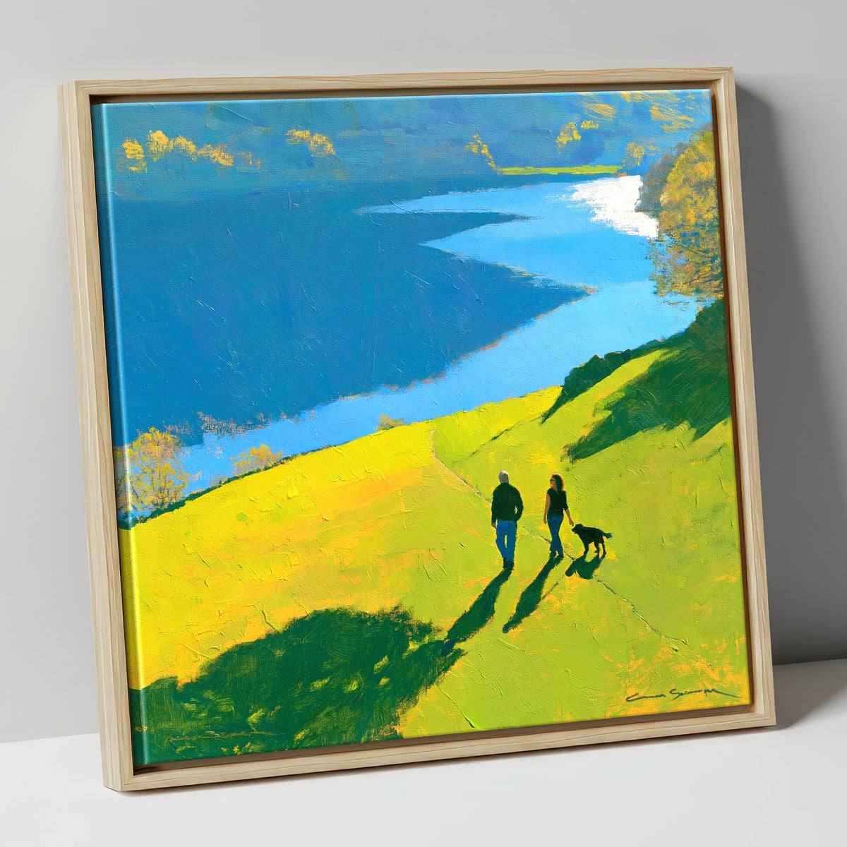 Sunlit Grasmere Dog Walk gifts for dog walkers canvas wall art in natural frame