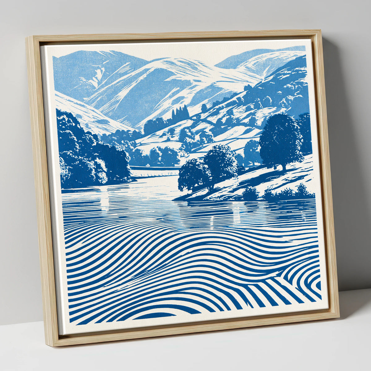 Grasmere in Cobalt Blue lake district lake canvas wall art in natural frame