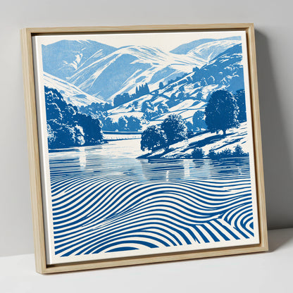 Grasmere in Cobalt Blue lake district lake canvas wall art in natural frame