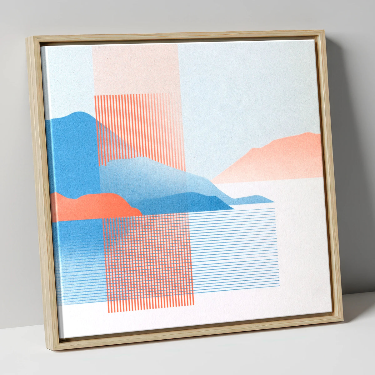 Derwentwater Fells Coral and Blue lake district lake canvas wall art in natural frame