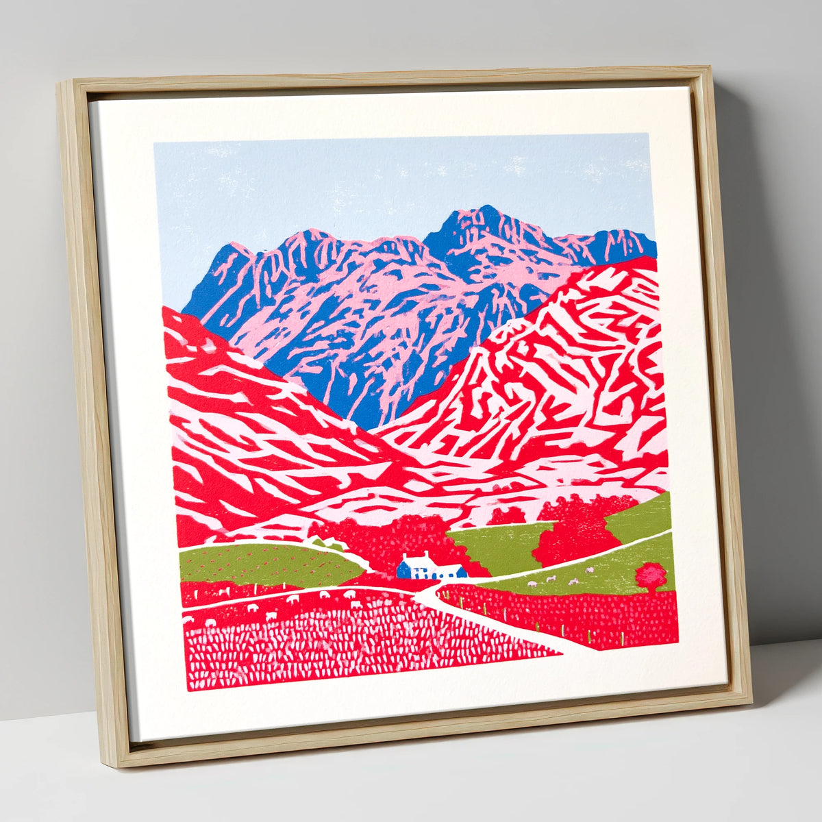 Vibrant Great Langdale Fells lake district valley canvas wall art in natural frame