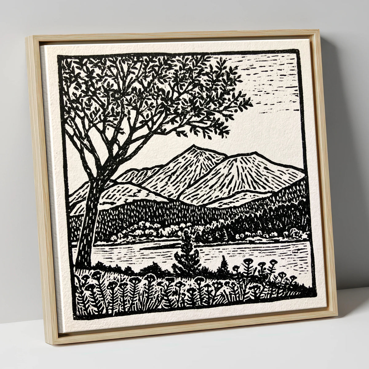 Monochrome Skiddaw and Lake lake district fell canvas wall art in natural frame