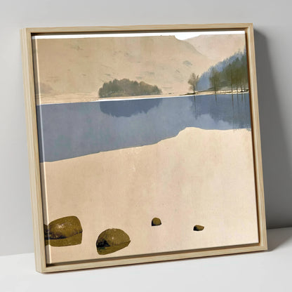 Mossy Boulders at Rydal Water lake district lake canvas wall art in natural frame