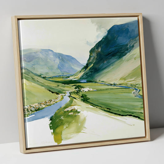Green Valley and Winding Beck lake district valley canvas wall art in natural frame