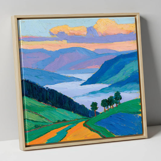 Morning Mist Over Vibrant Valley lake district sky canvas wall art in natural frame