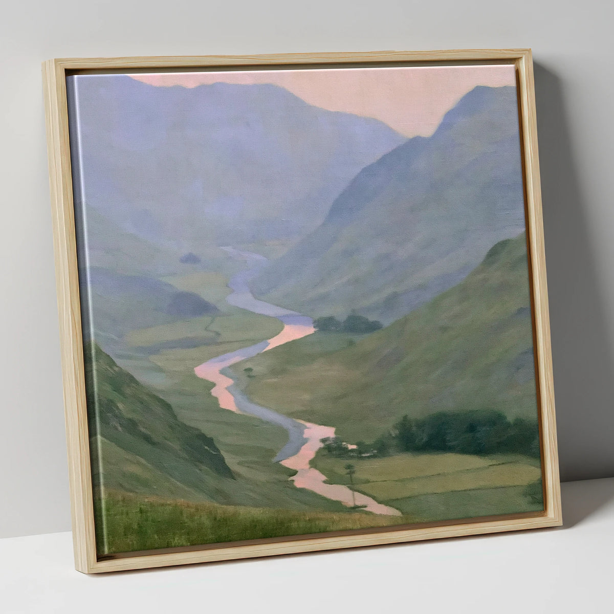 Winding River Valley at Dusk lake district waterfall canvas wall art in natural frame