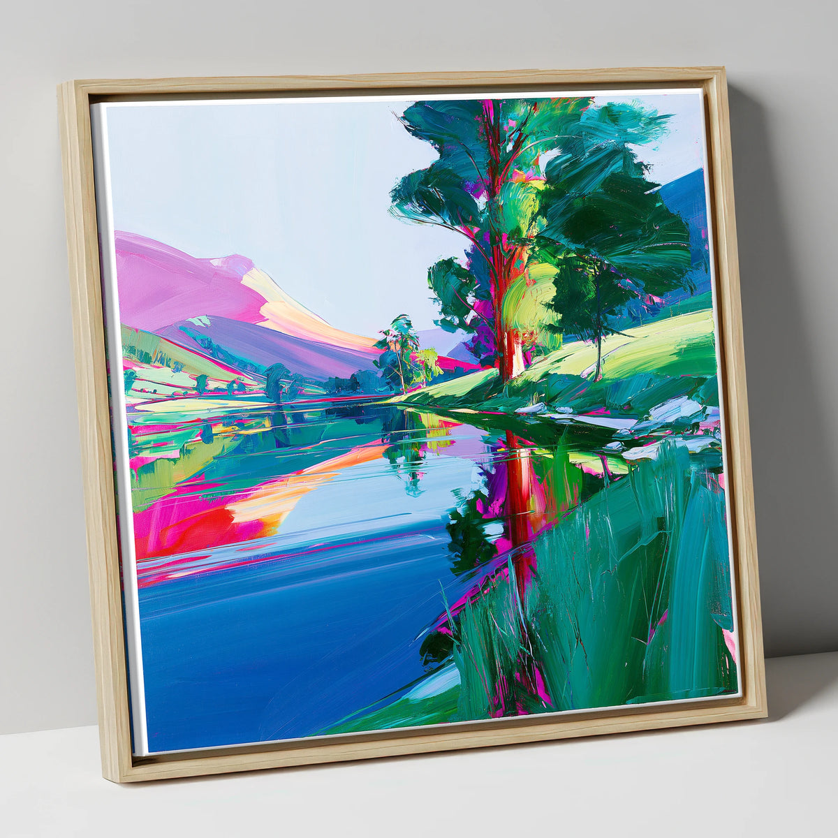 Colourful Fells and Lake Reflections lake district lake canvas wall art in natural frame