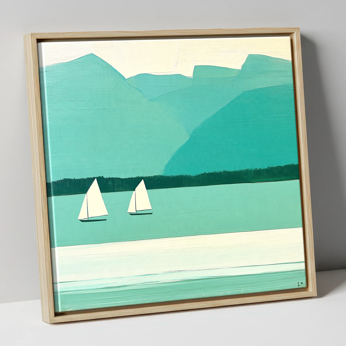 Two Sailboats on Teal Windermere lake district lake canvas wall art in natural frame