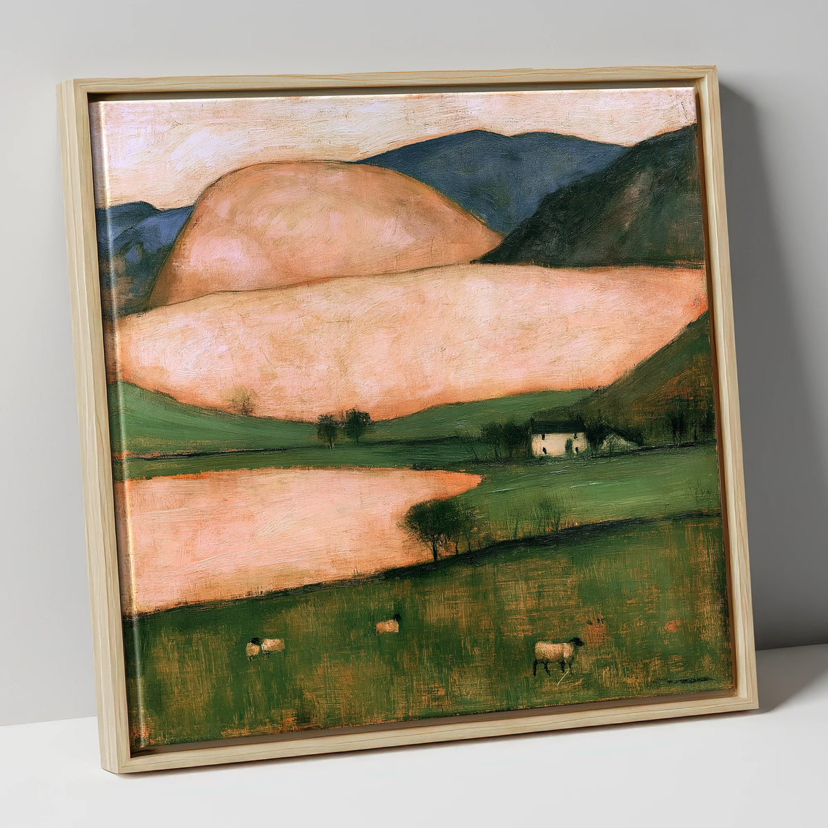 Peach Fells And Valley Farm lake district sky canvas wall art in natural frame