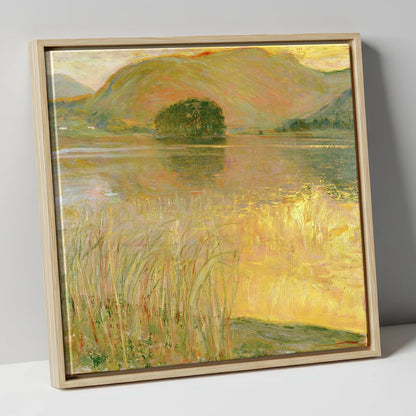 Golden Waters of Grasmere Island lake district lake canvas wall art in natural frame