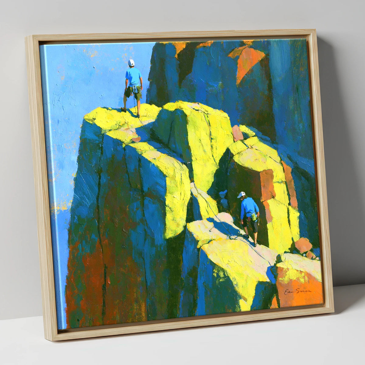 Mountaineers on a Sunlit Crag Pinnacle lake district walking canvas wall art in natural frame