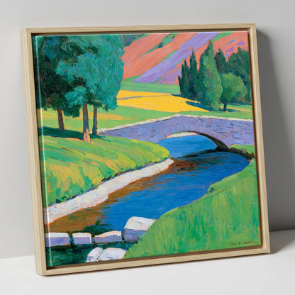 Stone Bridge and Purple Fells lake district waterfall canvas wall art in natural frame