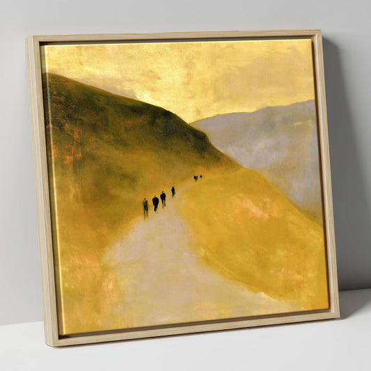 Walkers on a Golden Fell Path lake district walking canvas wall art in natural frame