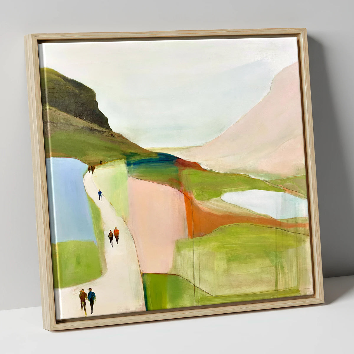 Walkers on a Bright Mountain Path lake district walking canvas wall art in natural frame