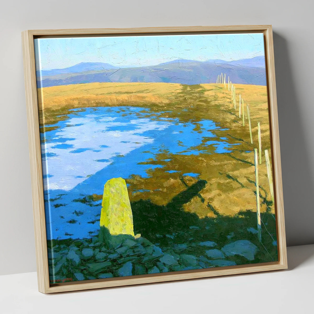 Sunlit Frozen Pool on Ullscarf lake district fell canvas wall art in natural frame