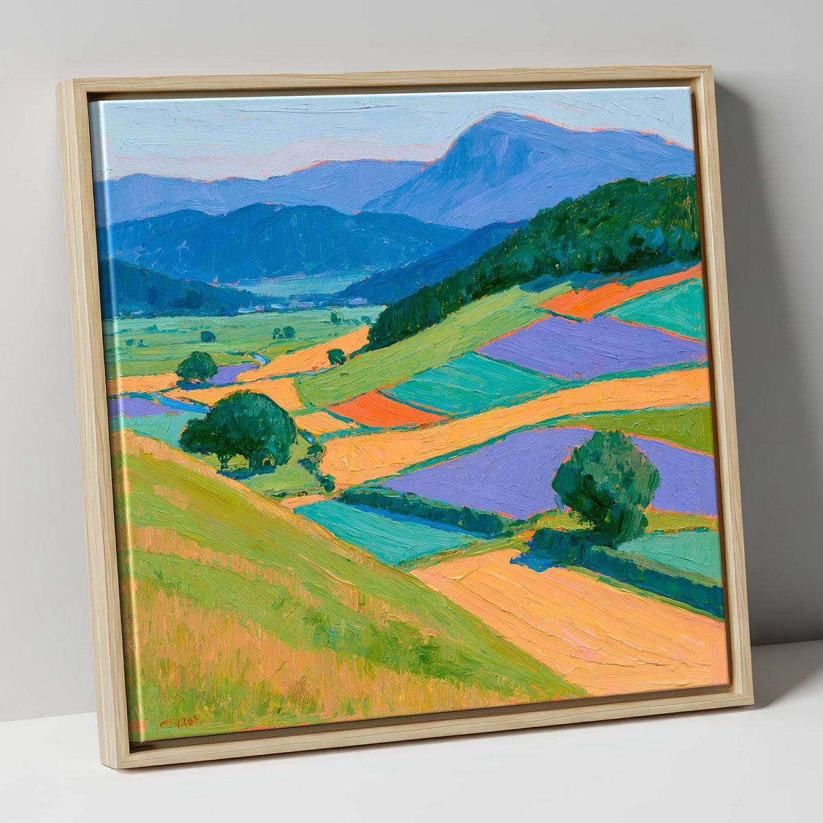 Violet And Ochre Dale Fields lake district valley canvas wall art in natural frame