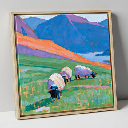 Herdwick Sheep on Colourful Fell lake district wildlife canvas wall art in natural frame