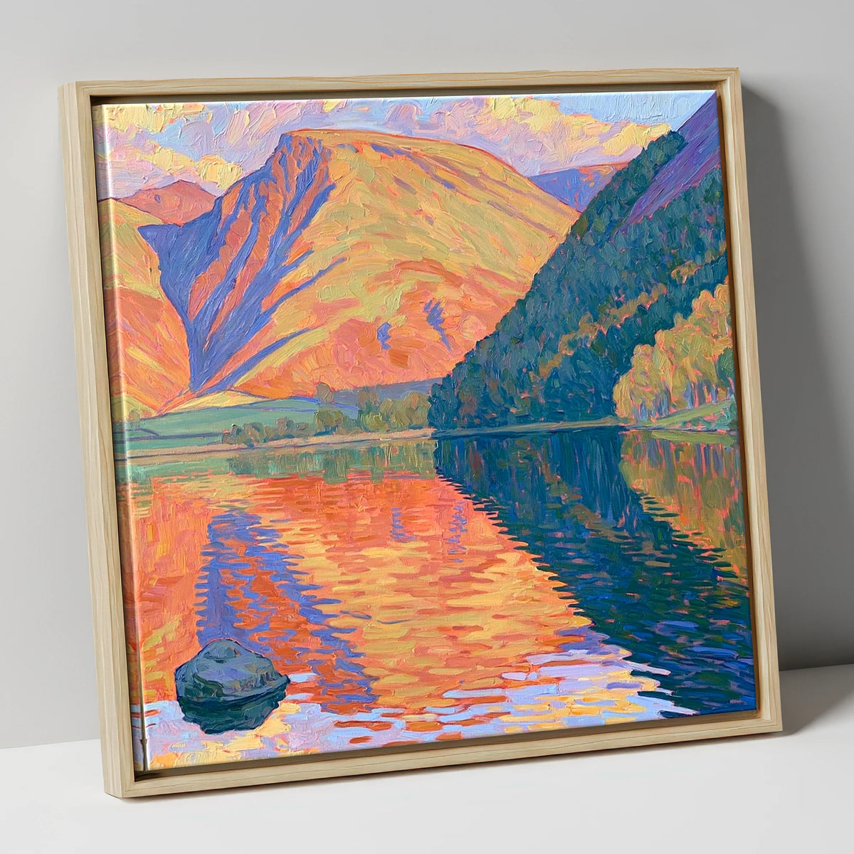 Vibrant Loweswater Sunset Reflections lake district lake canvas wall art in natural frame