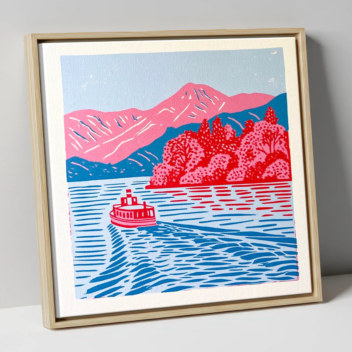 Vibrant Derwentwater Boat and Fells lake district lake canvas wall art in natural frame