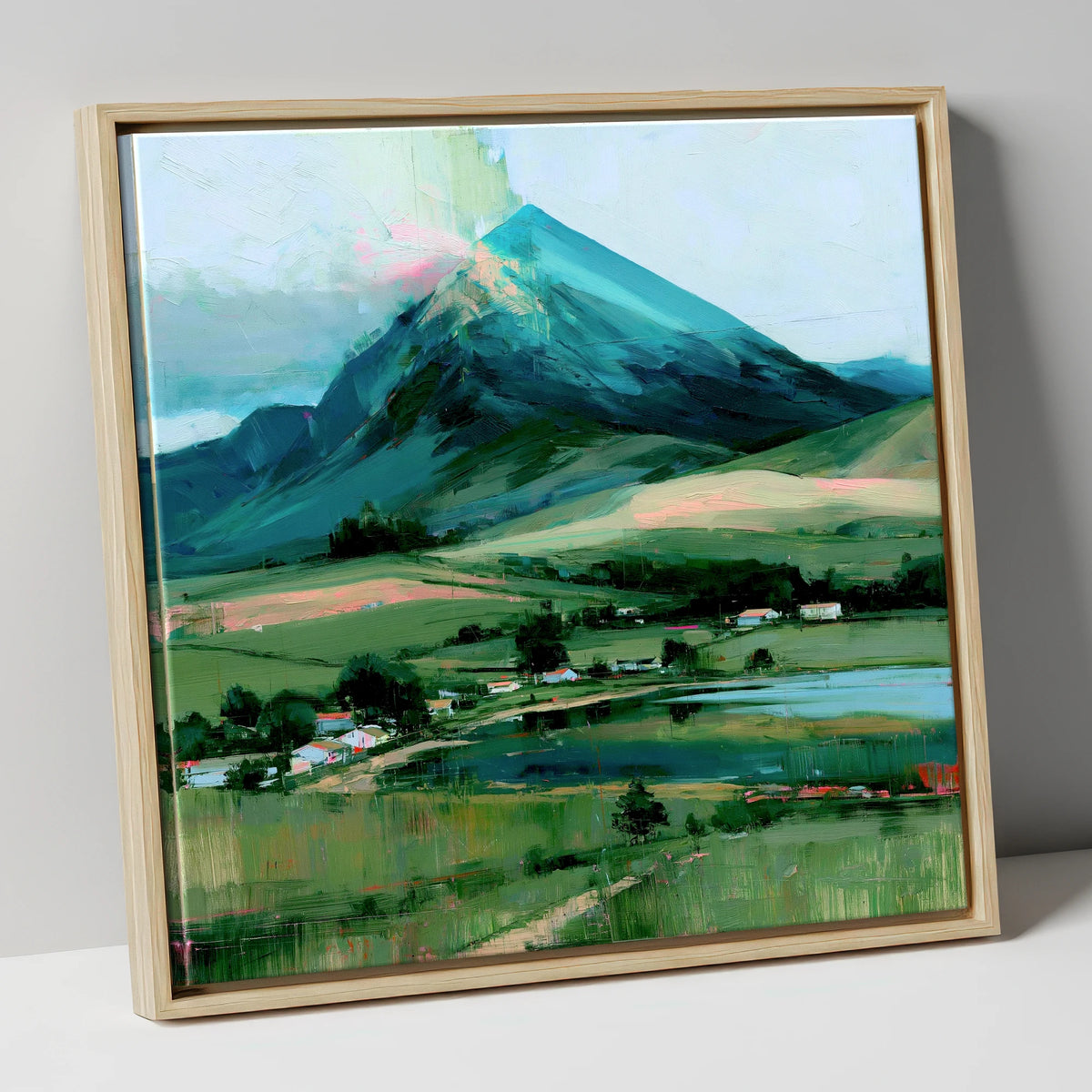 Teal Mountain Above Lakeside Hamlet lake district fell canvas wall art in natural frame