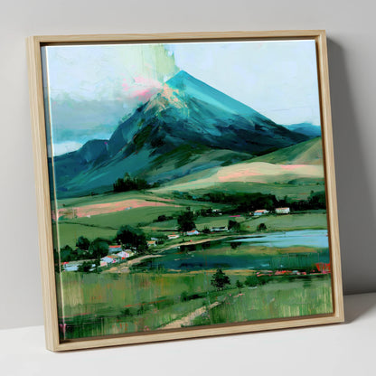 Teal Mountain Above Lakeside Hamlet lake district fell canvas wall art in natural frame