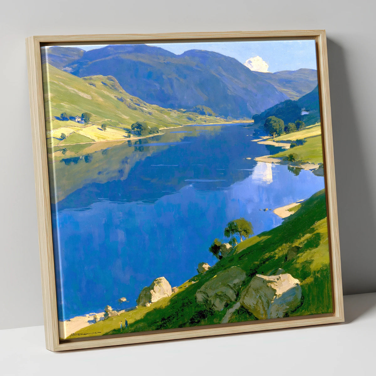 Blue Lake and Sunlit Fells lake district lake canvas wall art in natural frame