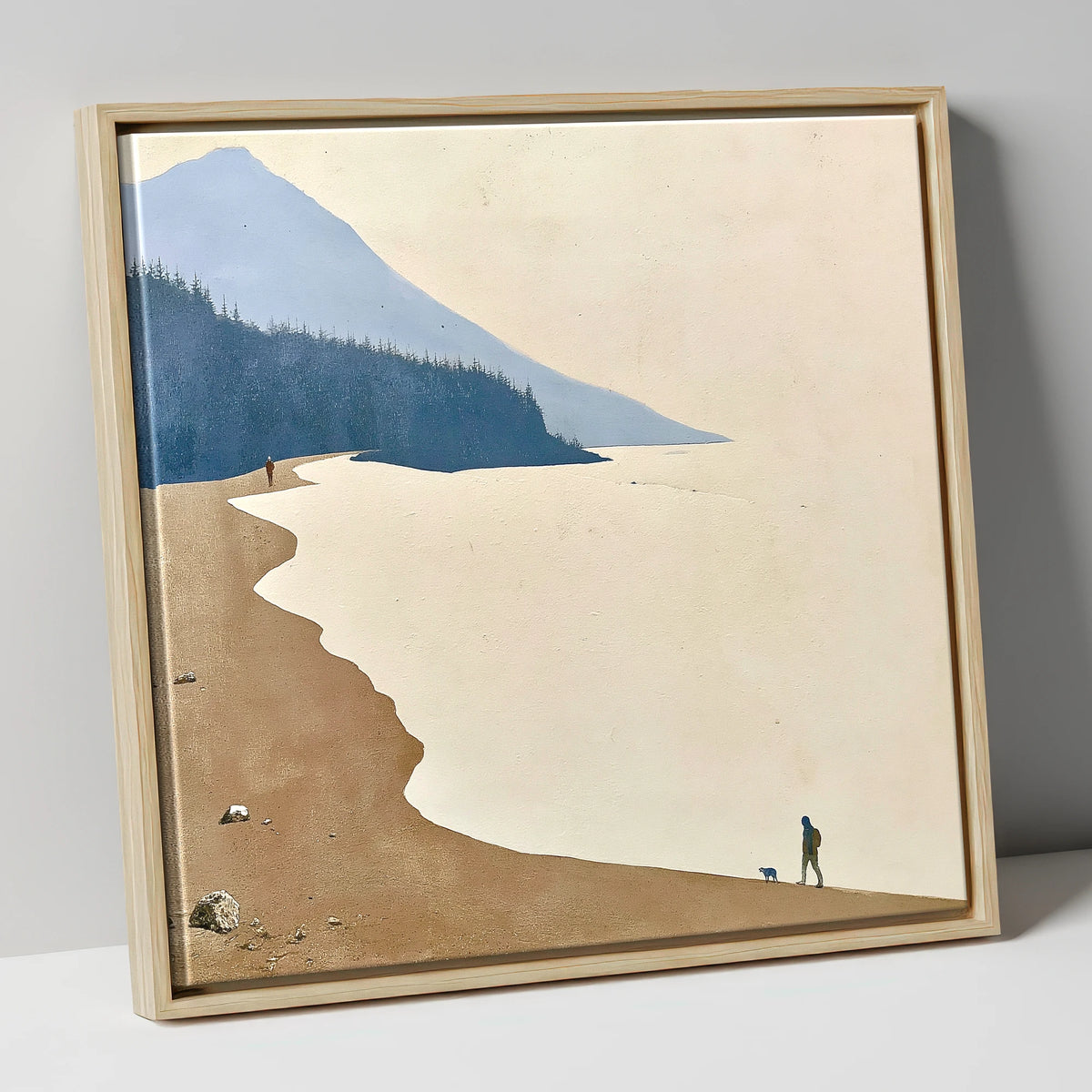Misty Shoreline Walk with Dog lake district lake canvas wall art in natural frame
