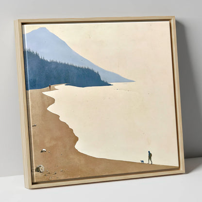 Misty Shoreline Walk with Dog lake district lake canvas wall art in natural frame