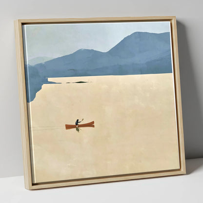Solo Canoeist on a Golden Lake lake district walking canvas wall art in natural frame