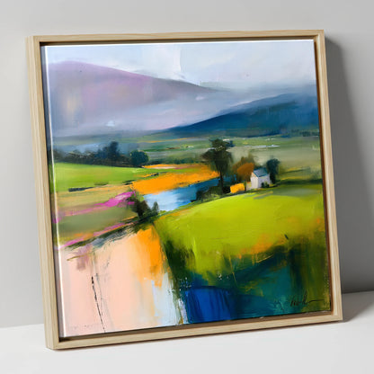 Vibrant Patchwork Valley Fields lake district valley canvas wall art in natural frame