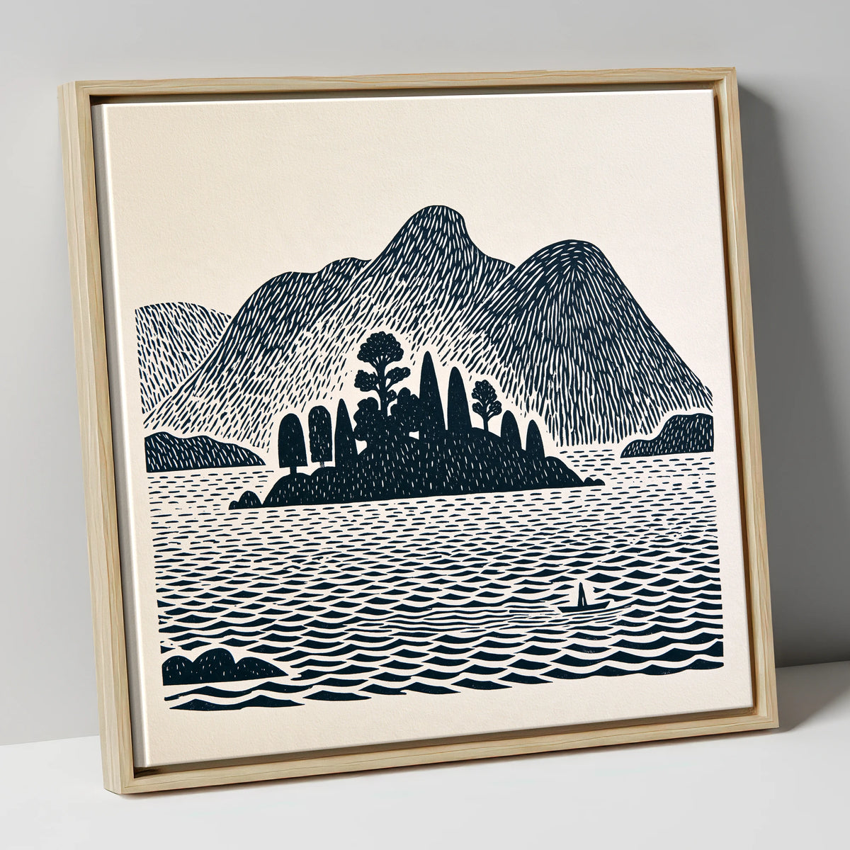 Derwentwater Island in Deep Navy lake district lake canvas wall art in natural frame