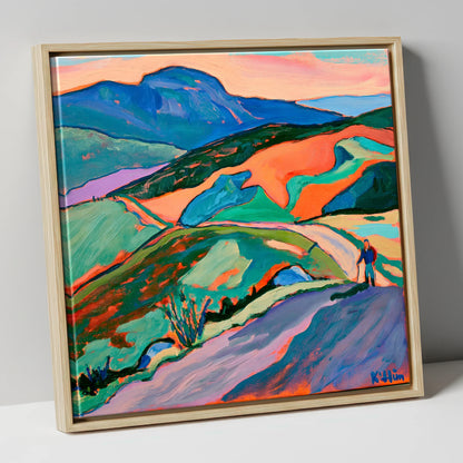Lone Hiker on Colourful Fells lake district walking canvas wall art in natural frame