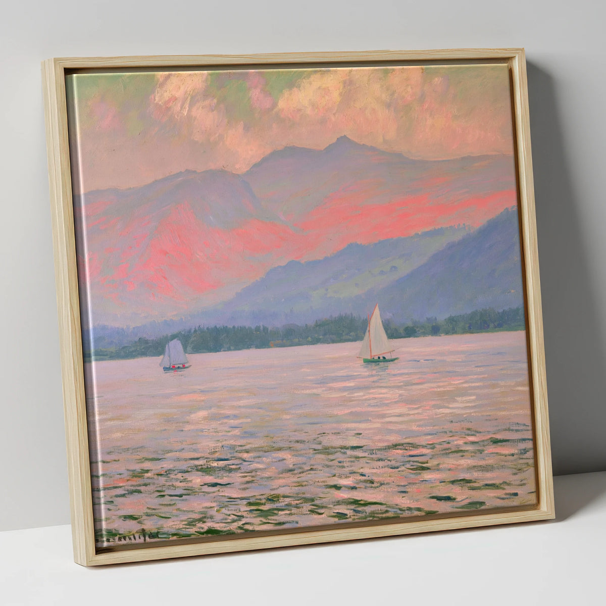 Windermere Sailboats In Rose Light lake district lake canvas wall art in natural frame